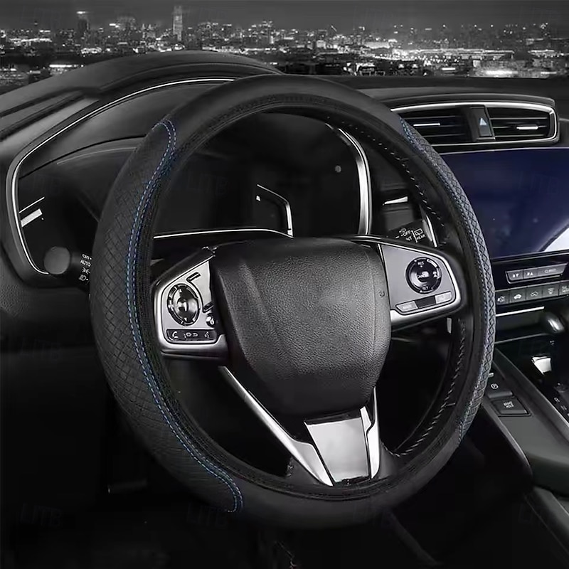 1PCS Car Steering Wheel Cover Fiber Leather Double Circle Without Inner Ring Elastic Band Handle Cover Wear-Resistant Embossed2
