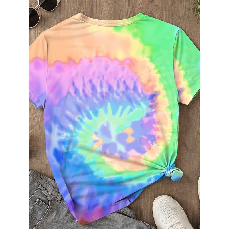 Women's T Shirt Tie Dye Letter Casual Short Sleeve Round Neck Regular Tops Daily Print Rainbow Summer2