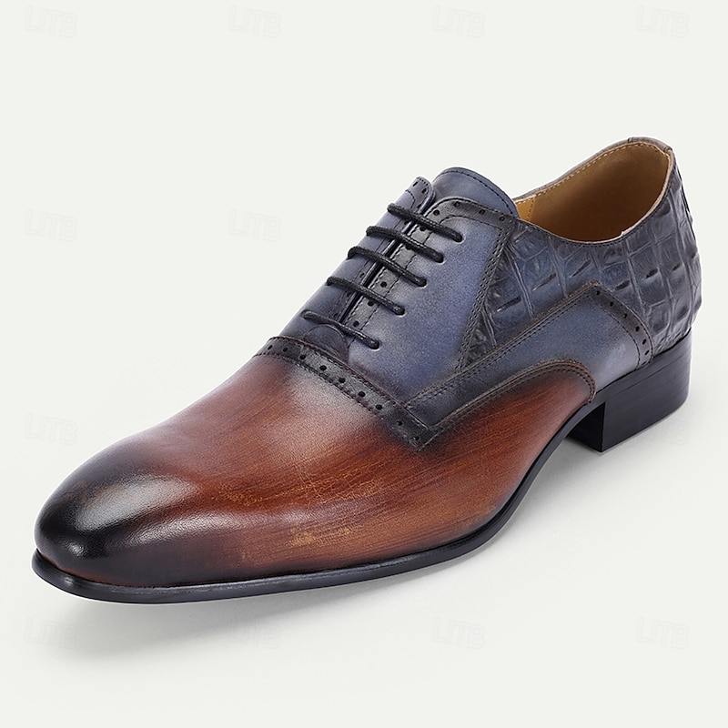 Men's Two-Tone Leather Oxford Shoes – Premium Cowhide with Crocodile Pattern, Lace-Up Design for Formal Business and Special Occasions2