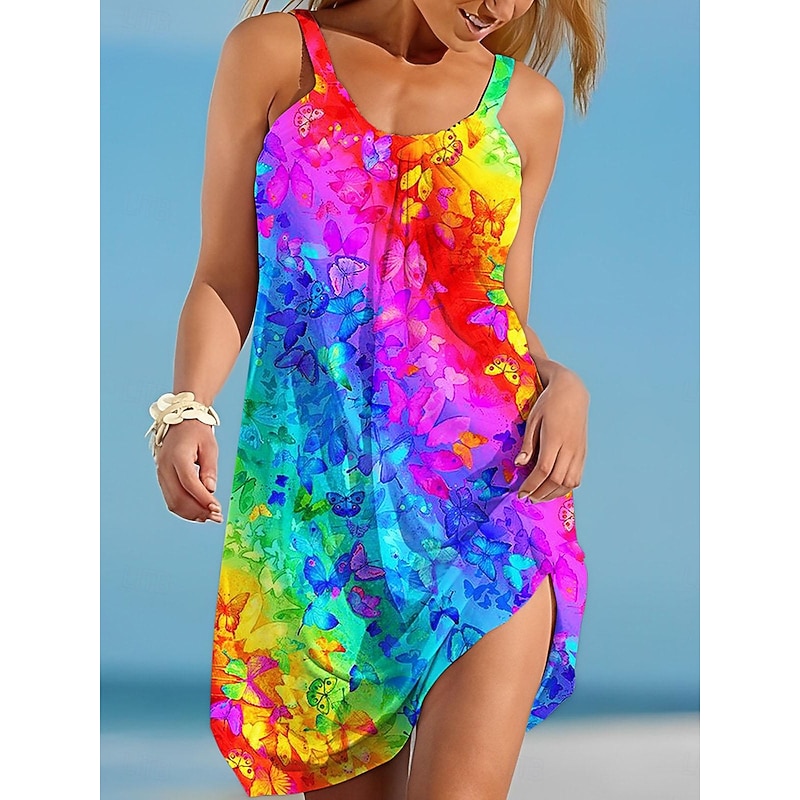 Women's Mini Dress Petite Dress Sundress Shift Dress Summer Dress Tropical Sexy Casual Vacation Daily Beach Loose Fit Color Gradient Sleeveless Crew Neck Rainbow Blue Green Summer Spring
