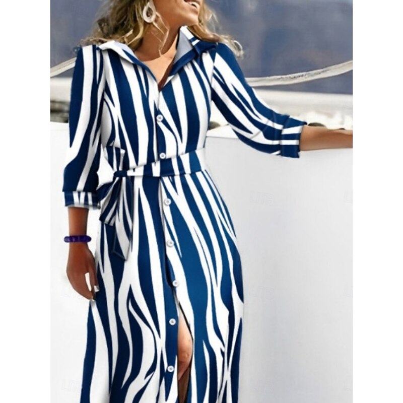 Women's Maxi Dress Shirt Dress Casual Dress A Line Dress Stylish Casual Vacation Daily Regular Fit Stripe Long Sleeve Shirt Collar Navy Blue Blue Summer2