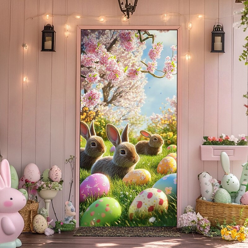 Door Decorations Door Covers Bunny Eggs Door Tapestry Door Curtain Decoration Backdrop Indoor/Outdoor Door Banner for Front Door Farmhouse3