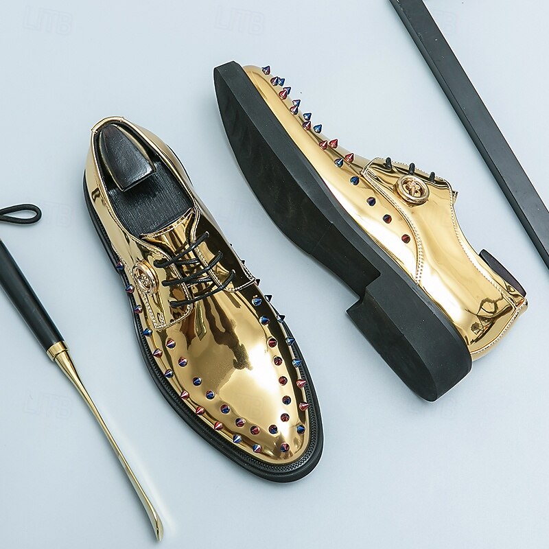 Men's Gold Patent Faux Leather Dress Shoes - Studded Rhinestone Lace-Up Design for Parties, Weddings and Stage Performances3