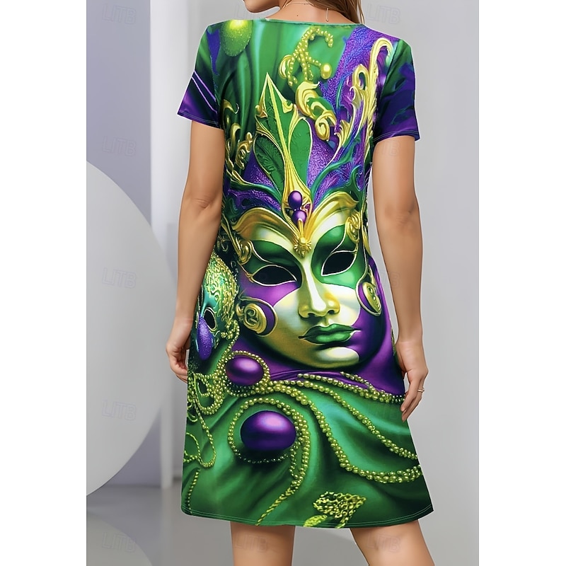 Mardi Gras Women's Elegant Party Evening Midi Dress Crew Neck Short Sleeve Casual Dress Shift Dress Summer Dress Stylish Casual Daily Regular Fit Graphic Green Summer3