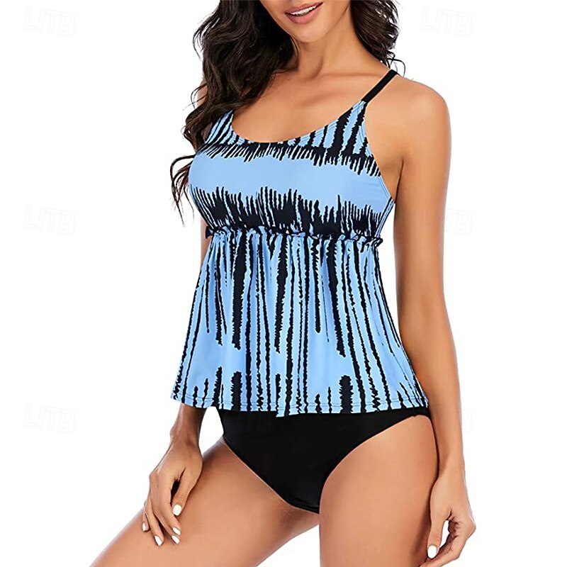 Women's Tankini Two Piece Swimsuit Backless Swimwear Floral Swimwear Light Blue Black Breathable Quick Dry Lightweight Sleeveless - Swimming Surfing Beach Summer Spring3