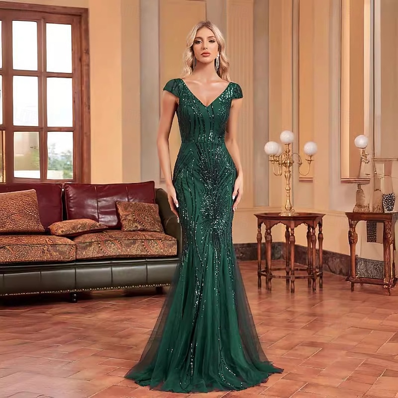 Mermaid / Trumpet Evening Gown Glittering Dress Formal Wedding Floor Length Short Sleeve V Neck Tulle with Rhinestone Glitter