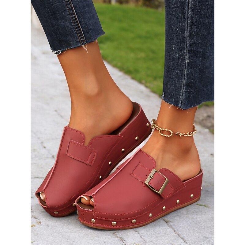 Women's Peep-Toe Wedge Mules with Buckle Straps and Studded Accents – Comfortable Slip-On Sandals for Casual Wear and Summer Outings2
