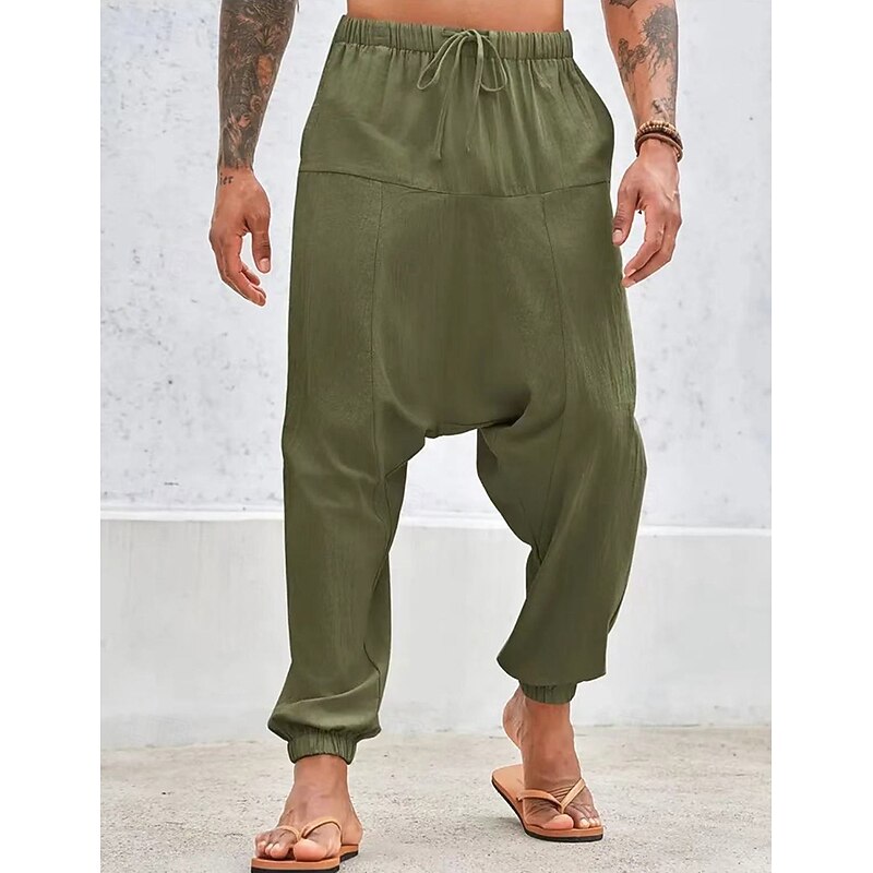 Men's Linen Pants Trousers Summer Pants Baggy Pants Harem Pants Drawstring Elastic Waist Plain Comfort Breathable Full Length Yoga Daily Holiday Fashion Classic Style White Navy Blue2