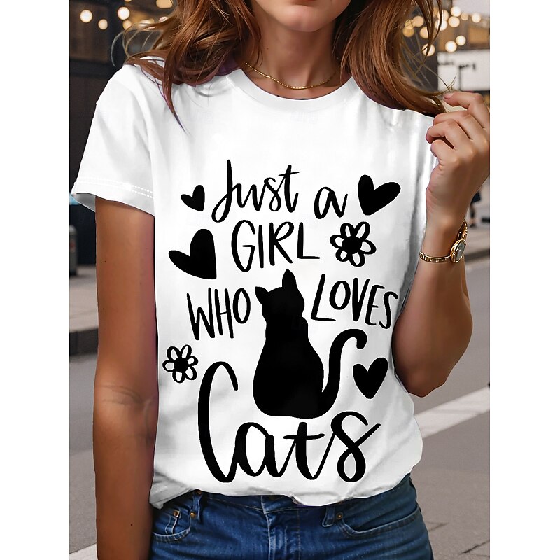 Women's T Shirt Animal Geometric Cat Casual Short Sleeve Crew Neck Regular Tops Daily Buttons Print Asymmetrical Black and White Summer Spring
