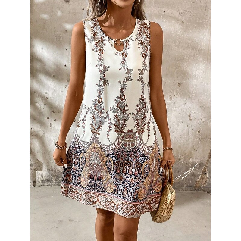 Women's Mini Dress Petite Dress Casual Dress Boho Chic Dresses Tank Dress Boho Dress Bohemia Casual Boho Vacation Daily Beach Loose Fit Floral Sleeveless Crew Neck Red Beige Summer Spring