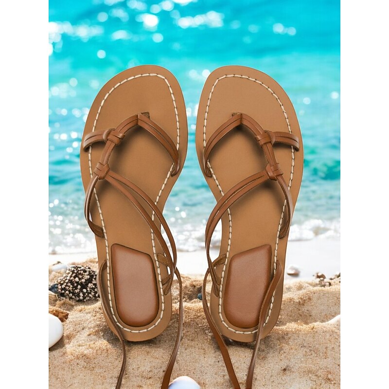 Women's Gladiator Lace-Up Sandals – Brown Strappy Flat Beach Shoes for Summer Casual Outings