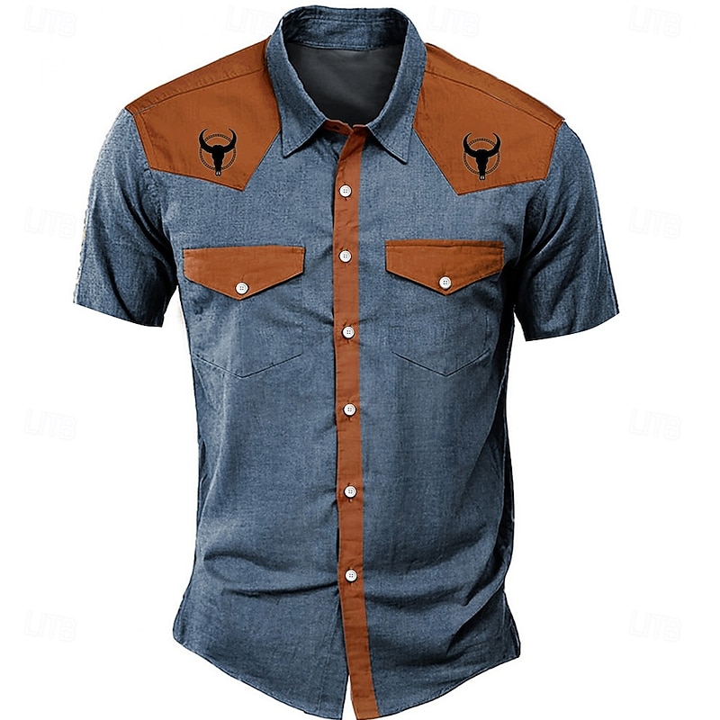 Men's Solid Color Color Block Western Shirt Short Sleeve Western Sports Outdoor Summer Turndown Button Up 2 Pockets Black Blue Beige3