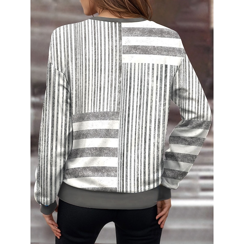 Women's Quarter Zipper Sweater Geometric Striped Casual Long Sleeve Crew Neck Regular Tops Street Dailywear Print Gray Fall Winter2