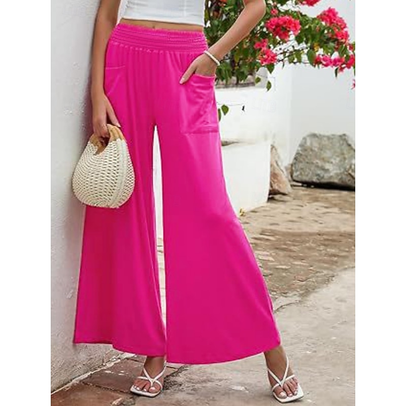 Women's Wide Leg Chinos Fashion Streetwear Full Length High Waist Plain Pocket Elastic Waistband Comfy Soft Comfortable Micro-elastic Outdoor Street Apricot Fuchsia Summer Spring Regular Fit4