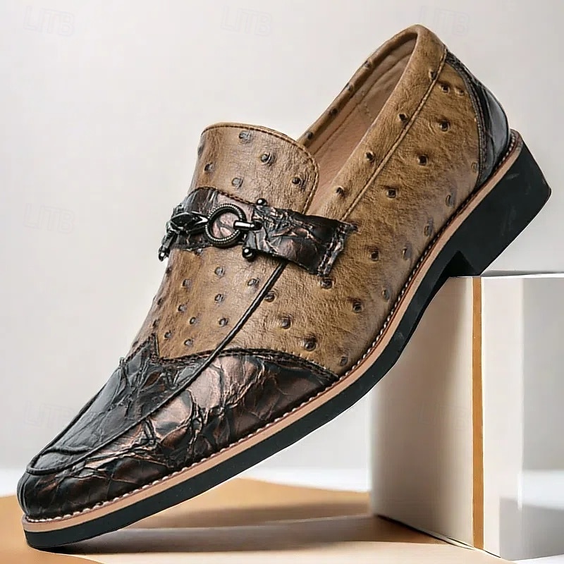 Men's Brown Faux Suede Loafers with Ostrich Pattern – Stylish Slip-On Shoes for Formal and Casual Occasions