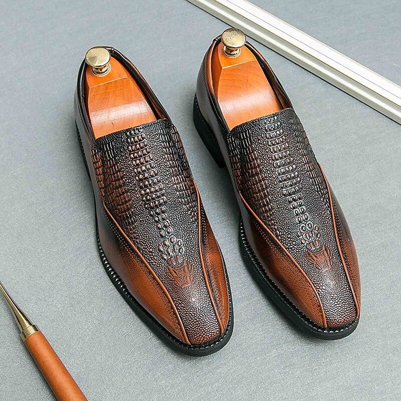 Men's Brown Faux Leather Slip-On Shoes with Crocodile Pattern – Stylish Loafers for Business and Formal Occasions3