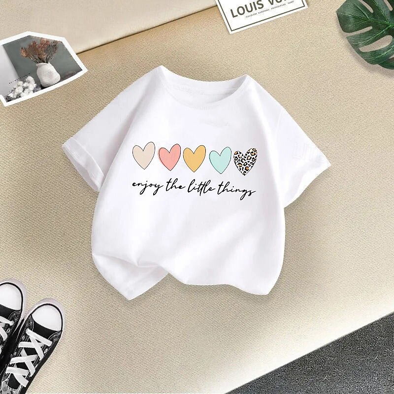 Multi Packs 3 Pairs Girls' Crew Neck Short Sleeves Black+White+Yellow T Shirt Heart Vacation Daily Wear Cotton Spring & Summer2