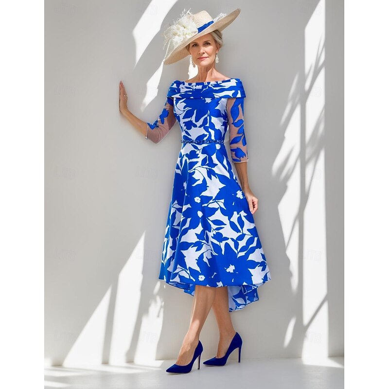 A-Line Dress Mother of the Bride Dress Elegant Simple Boat Neck Tea Length Satin 3/4 Length Sleeve with Floral Print Pleats Race Day Dress Wedding Guest Dress2