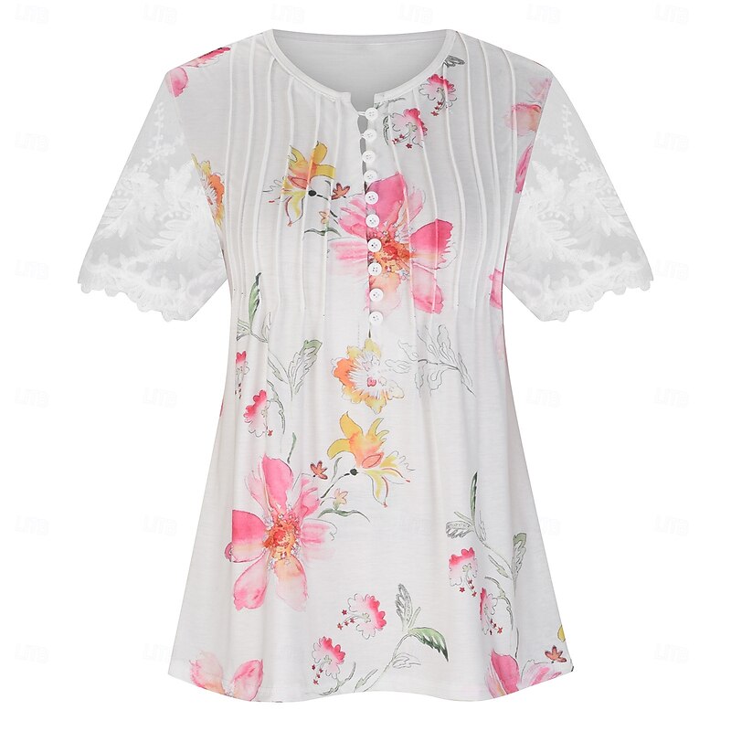 Women's Lace Splicing Top Graphic Flowers Elegant Bohemia Fashion Short Sleeve Flutter Sleeve Round Neck Regular Tops Daily Weekend Vacation Wear Lace Patchwork Print White Pink Red White Light Blue2
