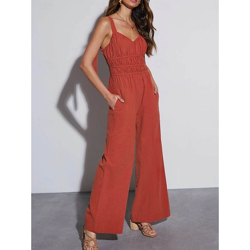 Women's Normal Jumpsuit Active Solid Color Sleeveless V Neck Backless Pocket Vacation Daily Regular Fit Orange Summer3
