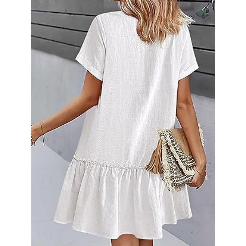 Women's Mini Dress Cotton Linen Dresses Stylish Basic Casual Daily Regular Fit Plain Short Sleeve V Neck White Yellow Summer4