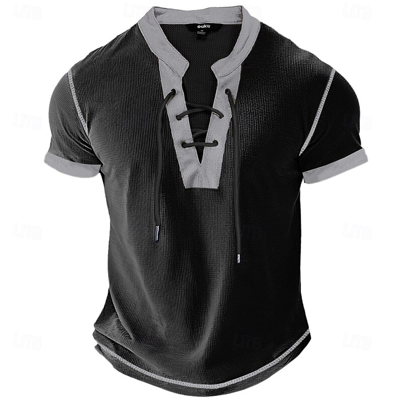 Men's Waffle T-shirt Henley Shirt Short Sleeve Shirt Tee Top Short Sleeve V Neck Summer Patchwork Fashion Daily Lace up Drawstring Outdoor Street Causal Black White Navy Blue Top Tee for Men