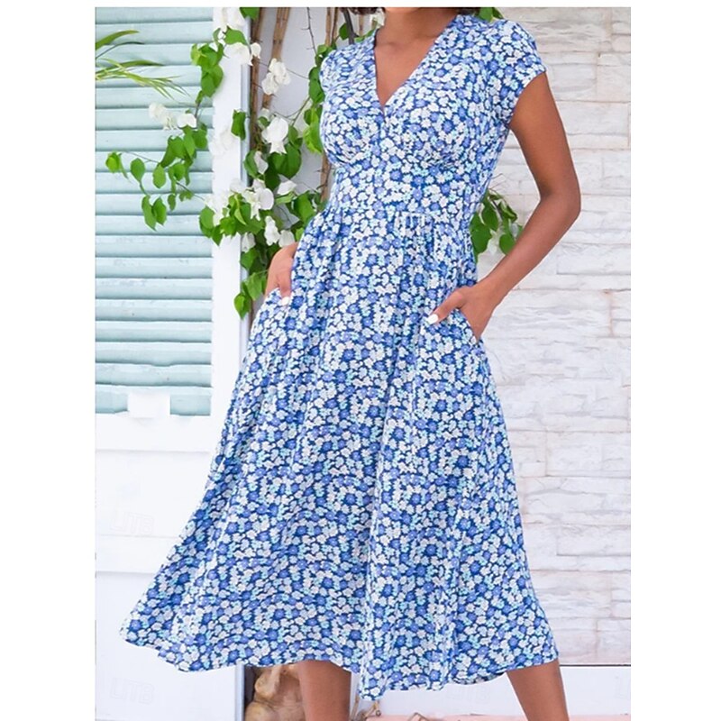 Women's Work Dress Casual Dress A Line Dress Elegant Office Daily Workfashion Midi Dress Pocket V Neck Short Sleeve Floral Regular Fit Yellow Red Blue Summer Spring S M L XL 2XL