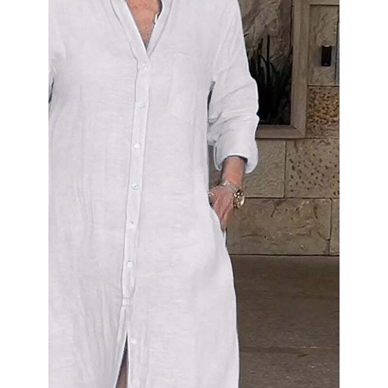 Women's Long Dress Maxi Dress Linen-Inspired Dresses Cotton Linen Dress Elegant Regular Fit 3/4 Length Sleeve V Neck Navy White Summer Spring4