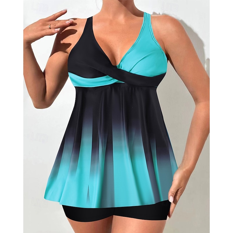 Women's Tankini Two Piece Swimsuit V Neck Swimwear Swimwear Black White Breathable Quick Dry Lightweight Sleeveless - Swimming Surfing Beach Summer Spring Plus Size