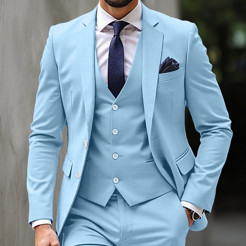 Men's Wedding Casual Suits Sky Blue Business Formal Solid Colored Standard Fit 3 Piece Single Breasted Two-buttons2
