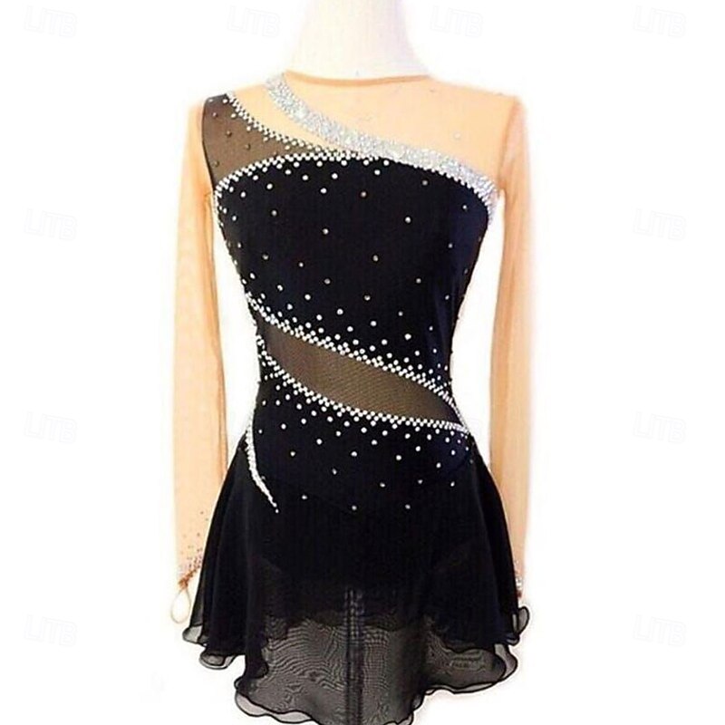 Figure Skating Dress Women's Girls' Ice Skating Dress Black Patchwork Thumbhole Mesh Spandex Stretchy Training Practice Professional Skating Wear Crystal / Rhinestone Long Sleeve Figure Skating2