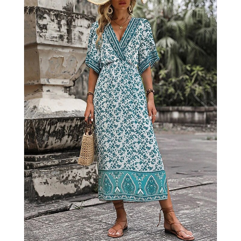 Women's Midi Dress Casual Dress A Line Dress Summer Dress Boho Dress Hawaiian Stylish Vacation Daily Date Regular Fit Floral Short Sleeve V Neck Dark Green Summer4