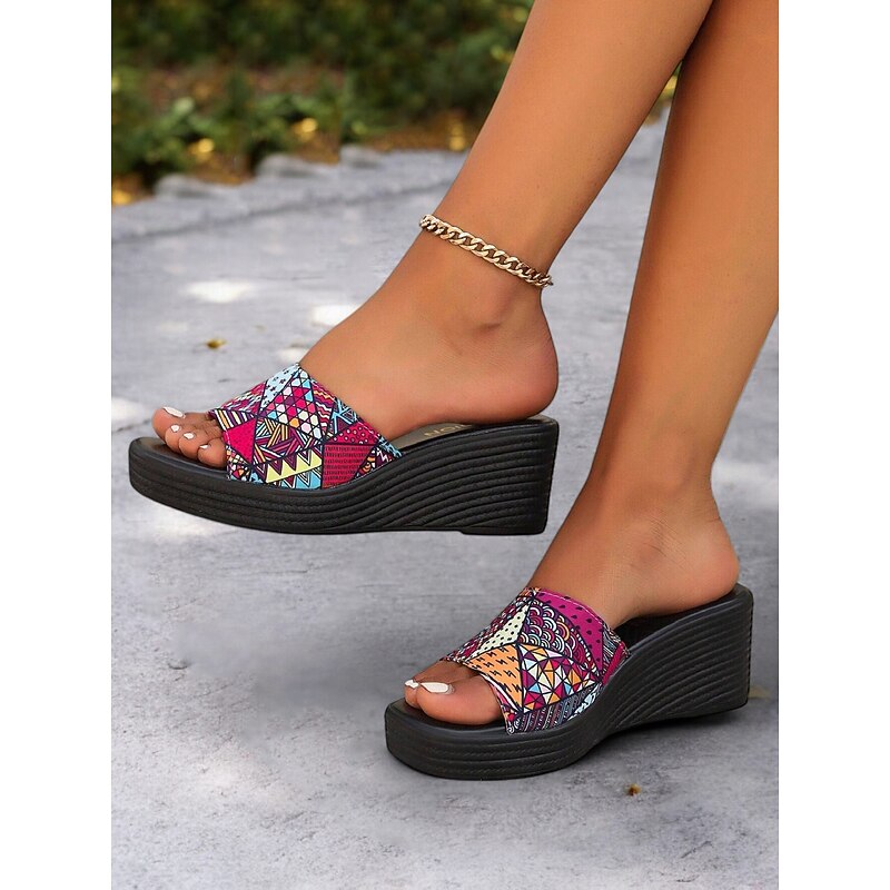 Women's Colorful Slip-On Wedge Sandals with Ethnic Print – Comfortable Platform Design for Summer, Beach and Casual Wear2