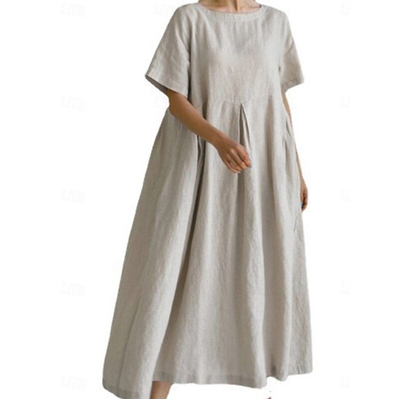 Women's Maxi Dress Cotton Linen Dresses Casual Dress Swing Dress Cotton Maxi Dress Basic Casual Vacation Daily Regular Fit Plain Short Sleeve Crew Neck White Navy Blue Army Green Summer4