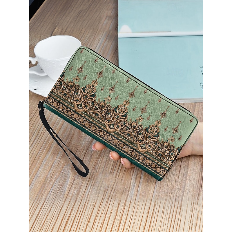 Bohemian Vintage Floral Printed Leather Wristlet Wallet – Elegant Zippered Clutch with Multiple Compartments, Perfect for Women's Daily Use, Parties and Special Occasions3