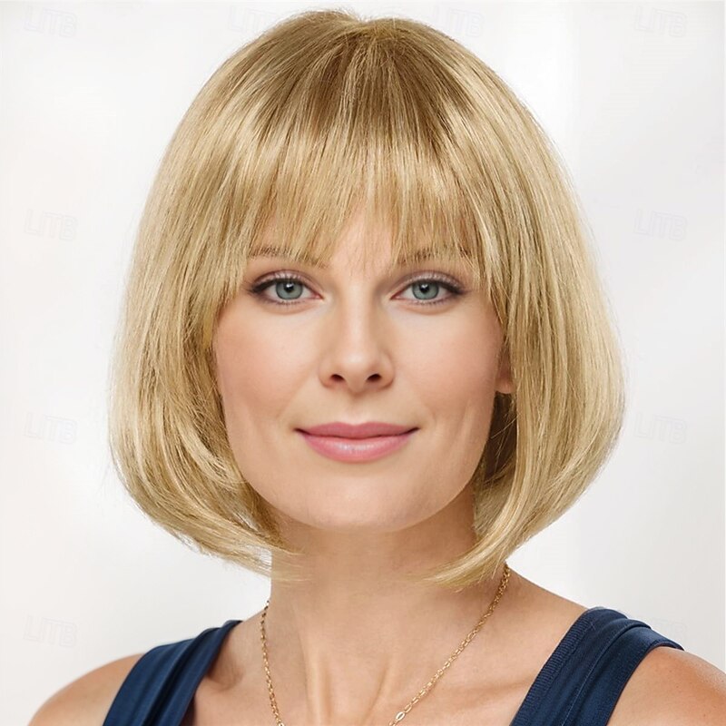 Chin-Length Bob Wig with Natural Looking Crown and Flirty Bangs/Multi-tonal Shades of Blonde Silver Brown and Red2