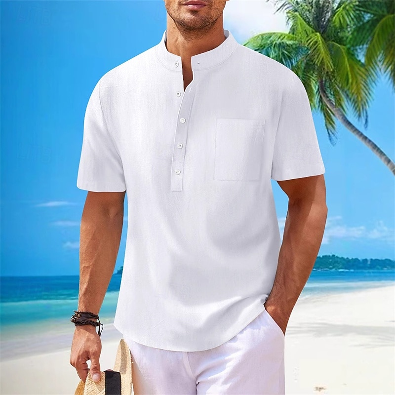 Men's Shirt Linen Shirt Summer Shirt Beach Shirt Solid Color Vacation Daily Black White Navy Blue Khaki Short Sleeve Fold-over Collar Spring & Summer Clothing Apparel
