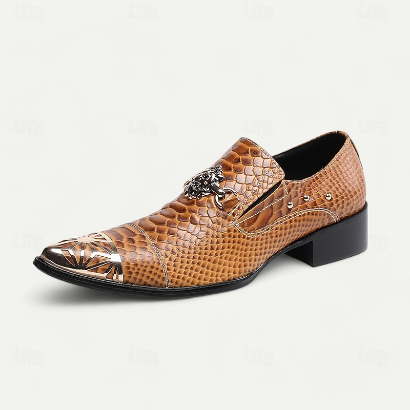Men's Brown Snake Pattern Leather Slip-On Shoes with Metal Toe Cap and Lion Ornament - Premium Cowhide Western Style for Formal Events and Parties3