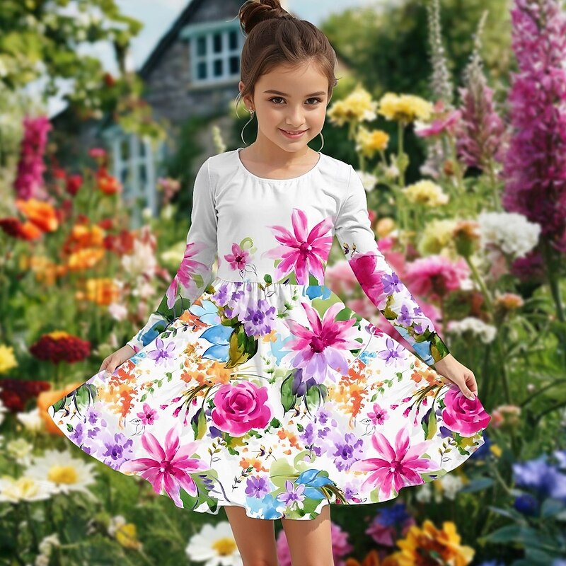 Easter Girls' 3D Floral Graphic Dress Long Sleeve Summer Spring Vacation Daily Holiday Princess Beautiful Sweet Kids 4-12 Years Casual Dress A Line Dress Knee-length Regular Fit