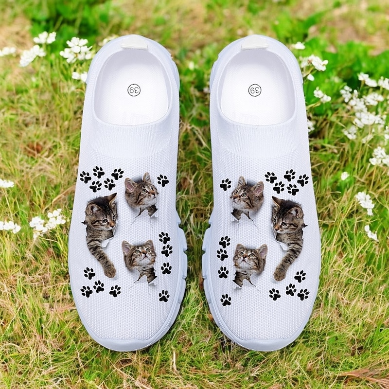 Women's Cat and Cat Paw Print Flyknit Sneakers - Lightweight Breathable Casual Shoes for Fitness and Everyday Wear4