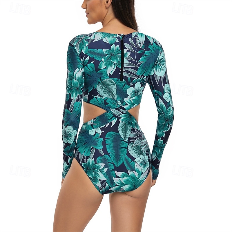 Women's Rash Guard One Piece Swimsuit UV Sun Protection Lightweight Long Sleeve Bodysuit Bathing Suit Cut Out Swimming Surfing Beach Water Sports Floral Printed Summer Spring Autumn3