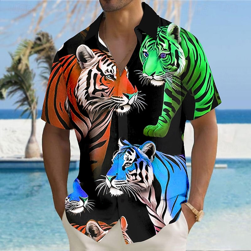 Men's Animal Tiger Shirt Button Up Shirt Short Sleeve Fashion Casual Vacation Streetwear Beach Wear Summer Fall Turndown 3D Print Collared Shirts Front One Pocket Black Yellow Pink Blue4