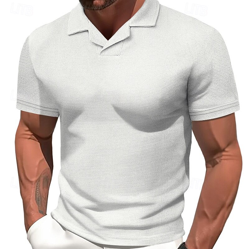 Men's Golf Shirt Waffle Knit Polo Shirt Business Active Classic Short Sleeve Fashion Modern Solid Color Buttons Summer Spring Regular Fit Black White Blue Khaki Gray Golf Shirt3