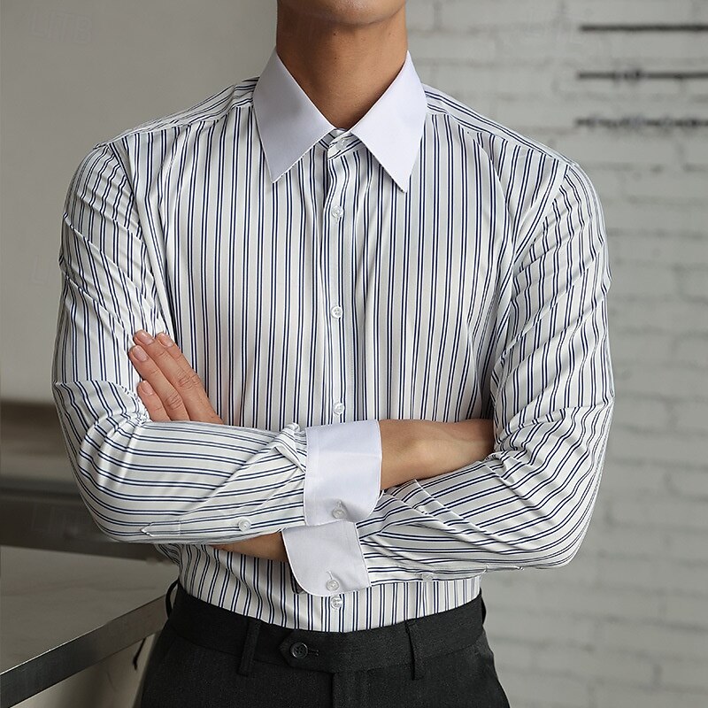 Men's Shirt Dress Shirt Button Up Shirt Stripe Wedding Party Black Blue Dark Green Green Long Sleeve Lapel Spring &  Fall Clothing Apparel4