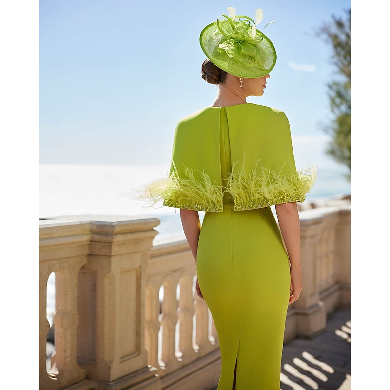 Sheath / Column Mother of the Bride Cocktail Dresses Elegant Dress Formal Wedding Ankle Length Short Sleeve Jewel Neck Pocket Stretch Crepe with Feather Crystals Dresses2