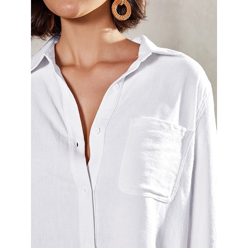 Women's Shirt Blouse Cotton  Button Pocket Work Daily Solid Basic Long Sleeve Shirt Collar White Summer Spring3