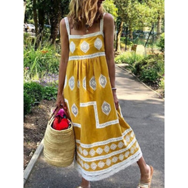 Women's Maxi Dress Casual Dress Boho Chic Dresses Boho Dress Bohemia Cute Stylish Vacation Daily Beach Loose Fit Graphic Sleeveless Square Neck Yellow Red Green Summer2