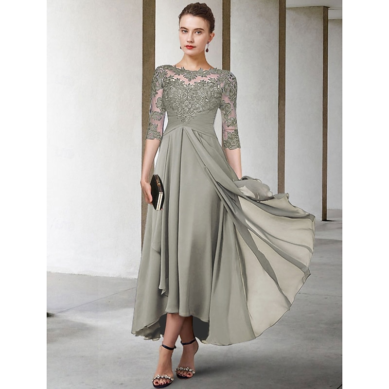 A-Line Mother of the Bride Dress Wedding Guest Elegant Plus Size High Low Jewel Neck Asymmetrical Tea Length Chiffon Lace Half Sleeve with Ruched Appliques4