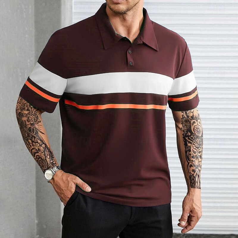 Men's Striped Rugby Polo Short Sleeve Polo Shirts Collared Shirts Casual School Outdoor Sports Daily Wear 3D Print Summer Red Blue Purple2