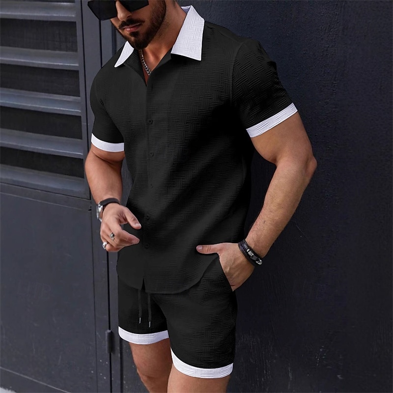 Men's T-shirt Suits 2 Pieces Outfits Tee & Shorts Short Sleeve Lapel Summer Plain Fashion Casual Patchwork 2 Piece Jacquard Vacation Daily Wear Going out Black White Pink Top Tee for Men2